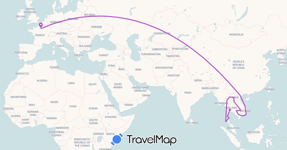 TravelMap itinerary: driving, train in France, Cambodia, Laos, Thailand, Vietnam (Asia, Europe)